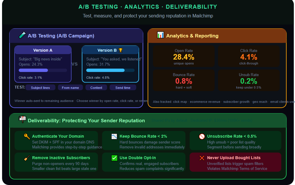 A/B testing . Analytics . Deliverability